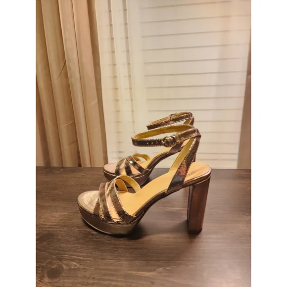 Naturalizer Cracked LEATHER Pumps Platform Dress Sandals 9.5 M Luna Bronze Gold - Picture 9 of 15